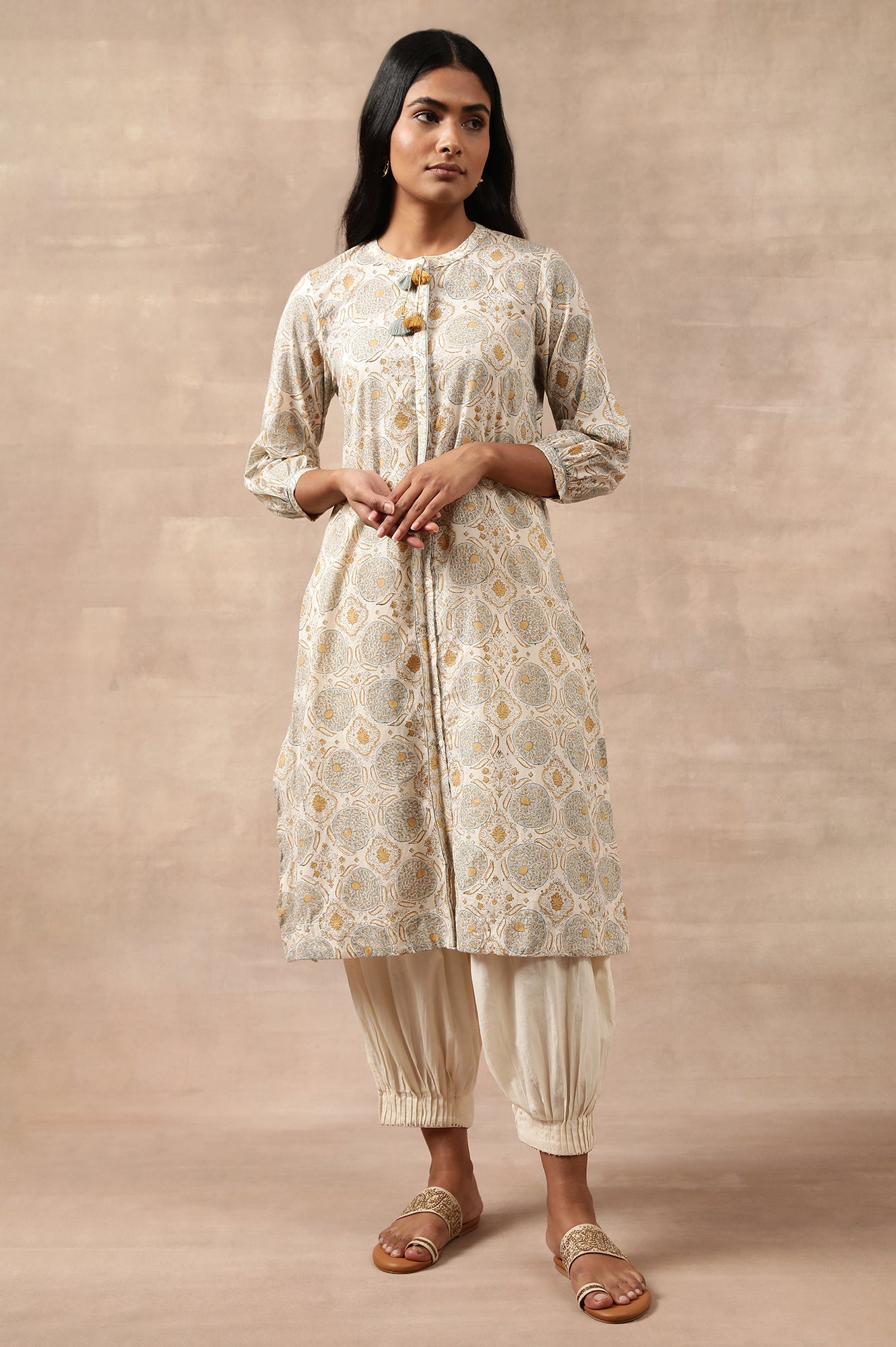 Ecru Hand Block Print Shirtdress