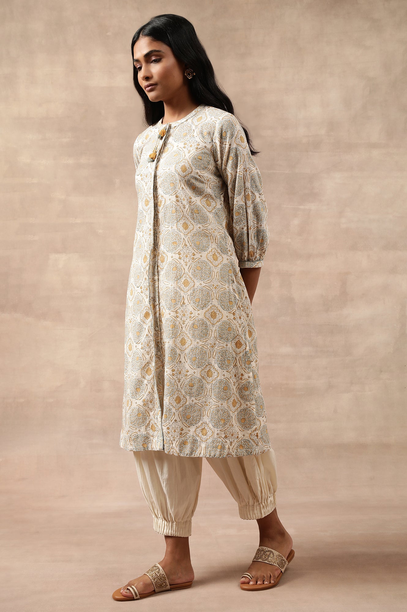 Ecru Hand Block Print Shirtdress