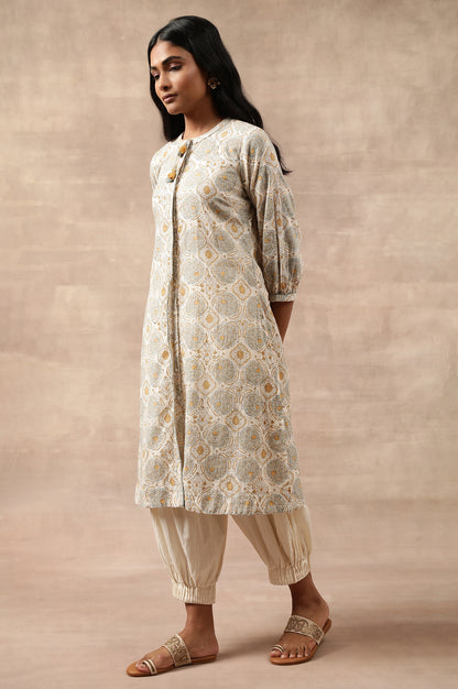 Ecru Hand Block Print Shirtdress