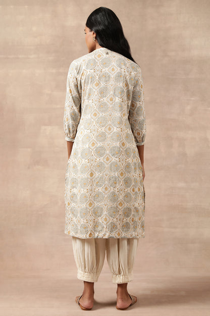 Ecru Hand Block Print Shirtdress