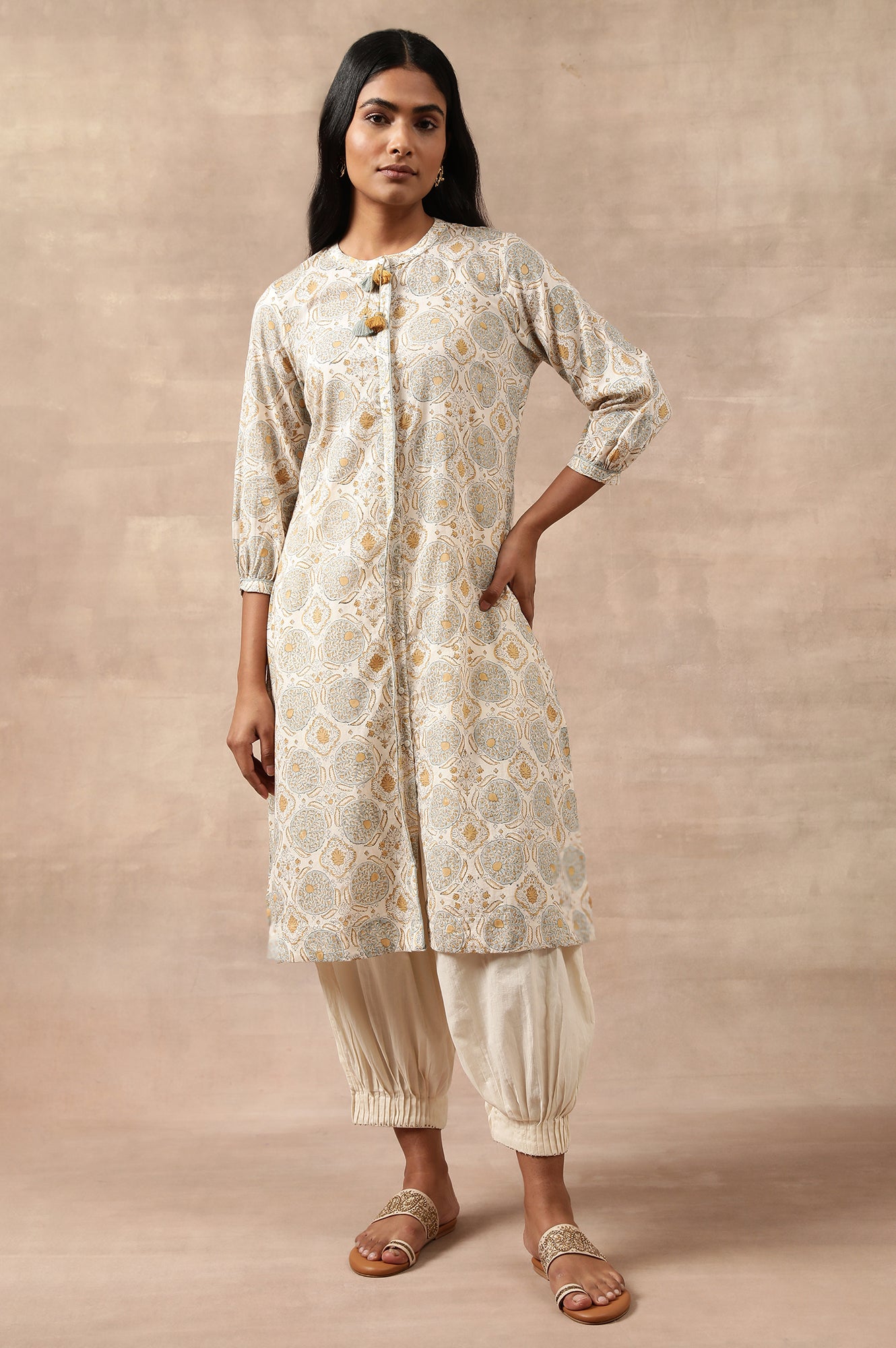 Ecru Hand Block Print Shirtdress