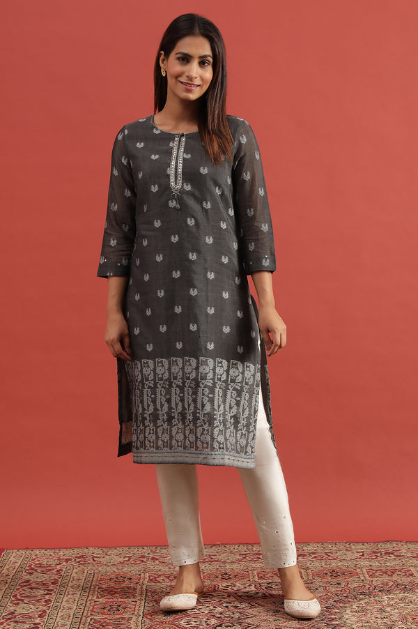 Grey Cotton Silk Jacquard Kurta With Embroidery