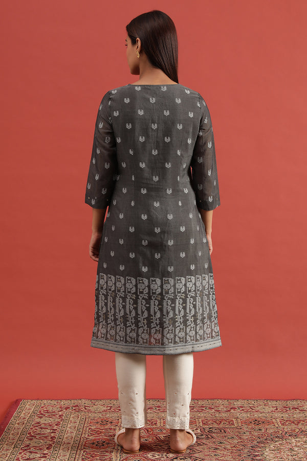 Grey Cotton Silk Jacquard Kurta With Embroidery