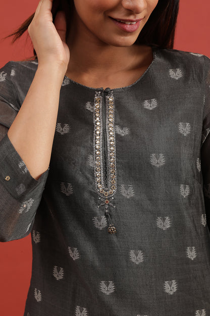Grey Cotton Silk Jacquard Kurta With Embroidery