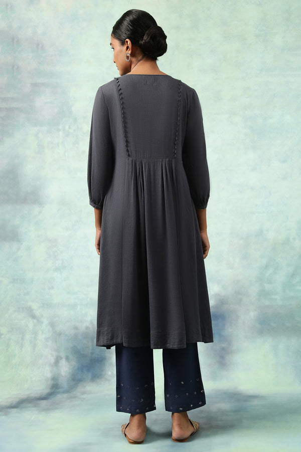 Denim Blue Cotton Viscose Dobby Flared Dress