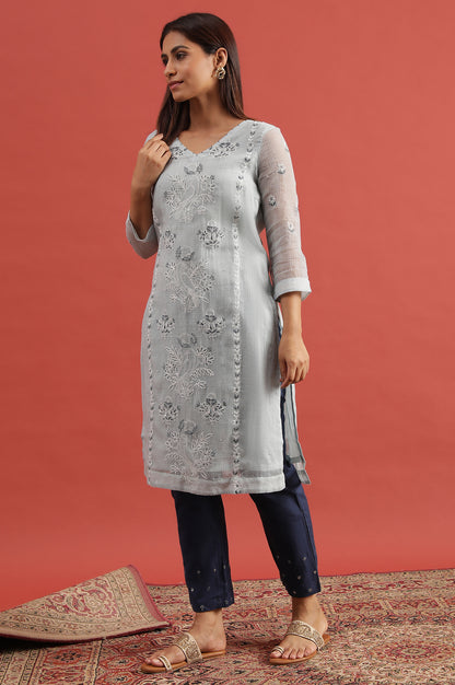 Blue Cotton Silk Kota Tepchi Embroidery Kurta