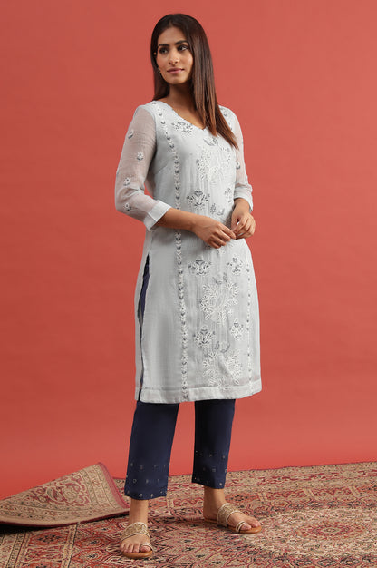 Blue Cotton Silk Kota Tepchi Embroidery Kurta