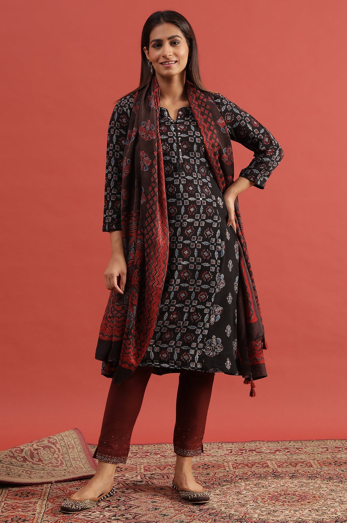 Espresso Flared Ajrakh Kurta - XS