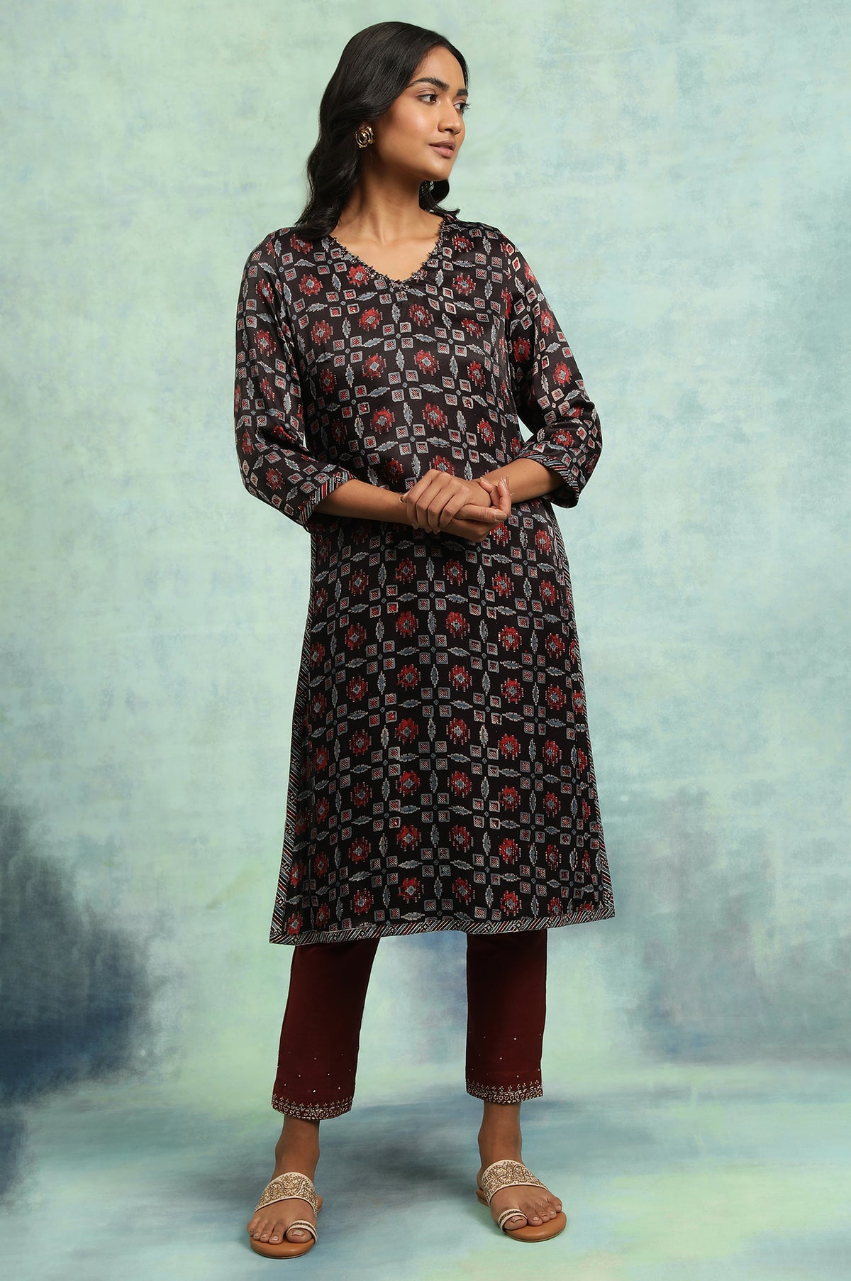 Espresso Ajrakh kurta In Lustrous Satin - XS