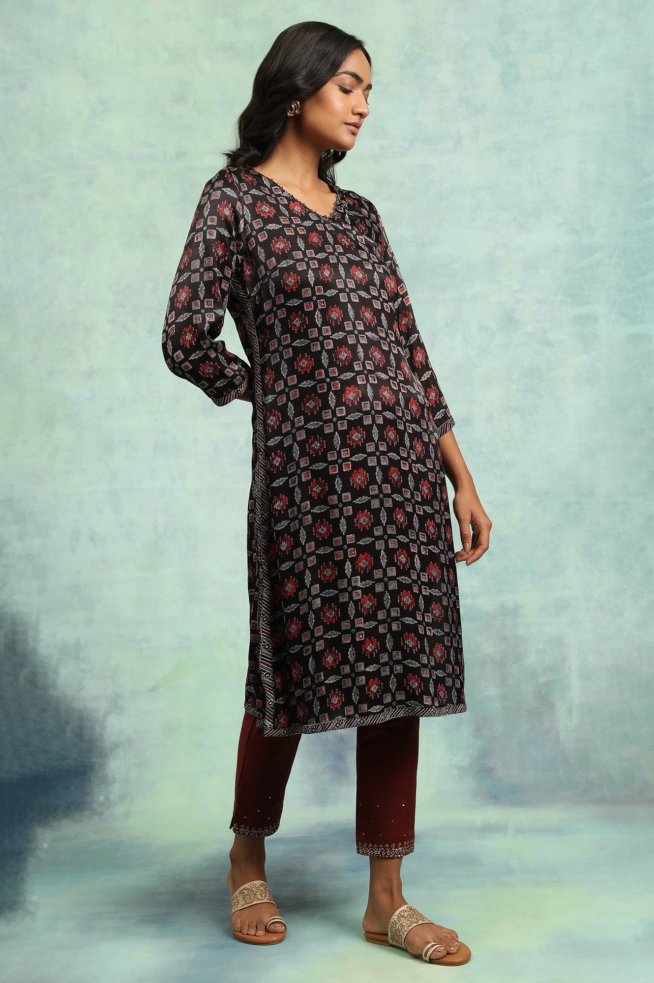 Espresso Ajrakh kurta In Lustrous Satin