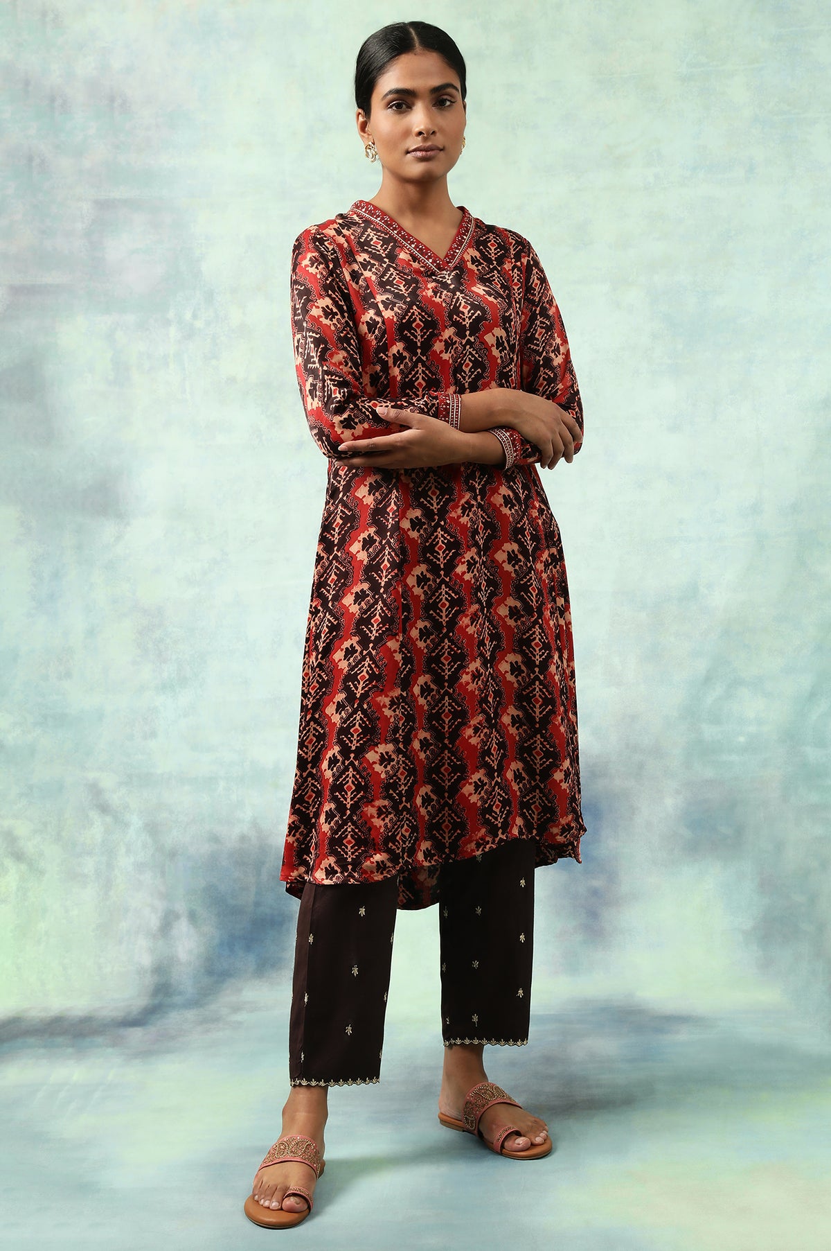 Brick Red Flared Ajrakh Print Satin kurta - XS