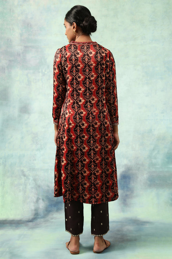 Brick Red Flared Ajrakh Print Satin kurta