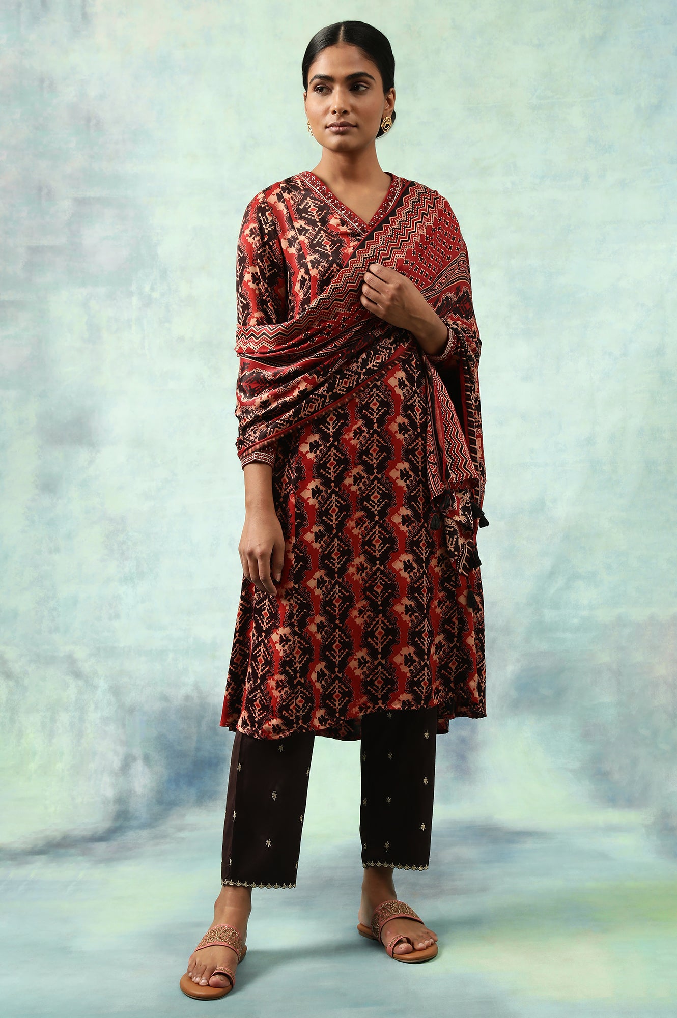 Brick Red Flared Ajrakh Print Satin kurta