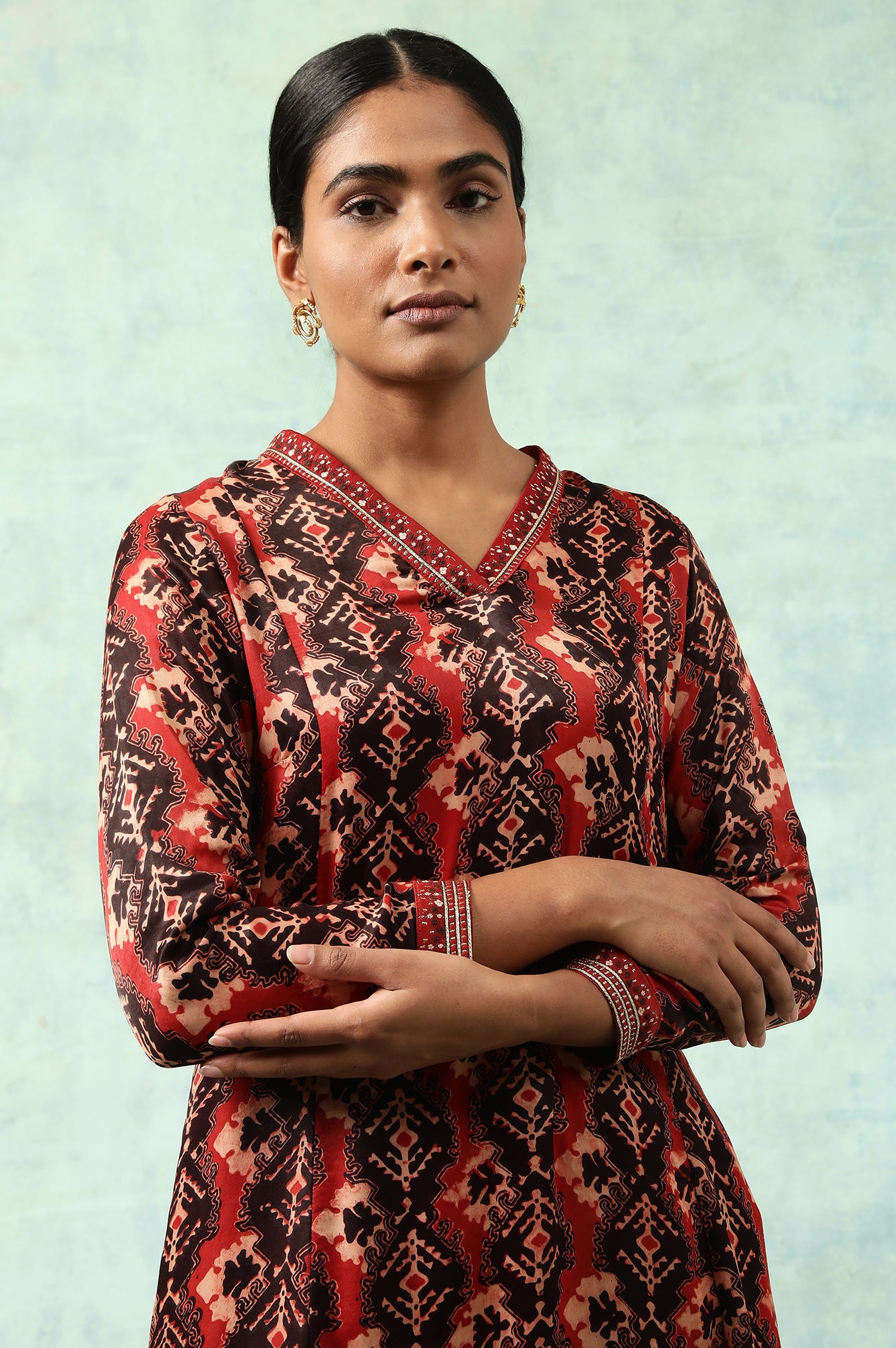 Brick Red Flared Ajrakh Print Satin kurta