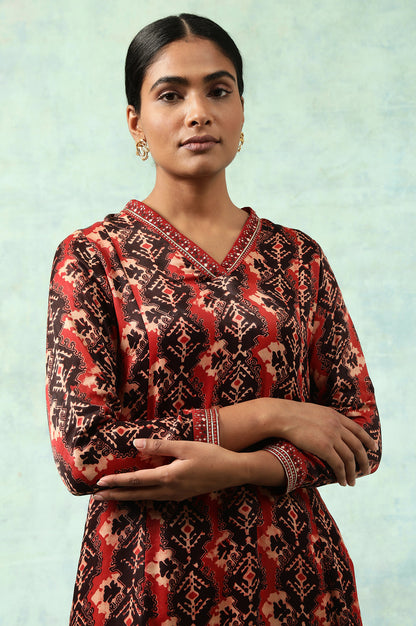 Brick Red Flared Ajrakh Print Satin kurta