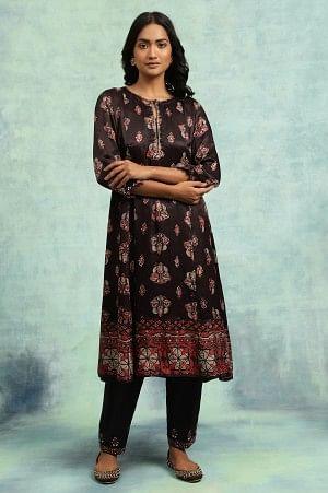 Dark Brown Ajrakh Print Flared Kurta - XS