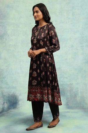 Dark Brown Ajrakh Print Flared Kurta