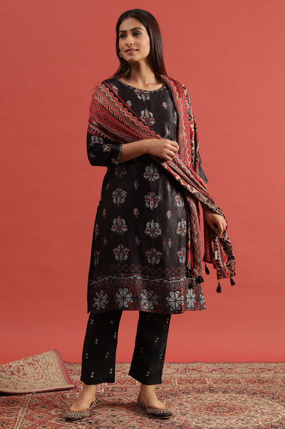 Dark Brown Ajrakh Print Kurta In Modal Satin