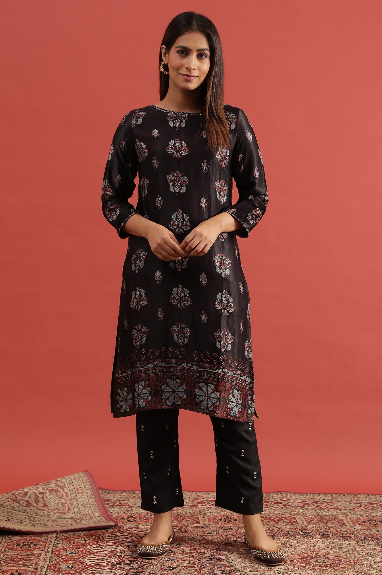 Dark Brown Ajrakh Print Kurta In Modal Satin