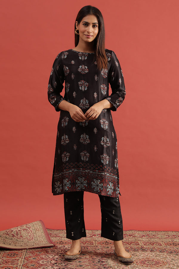 Dark Brown Ajrakh Print Kurta In Modal Satin