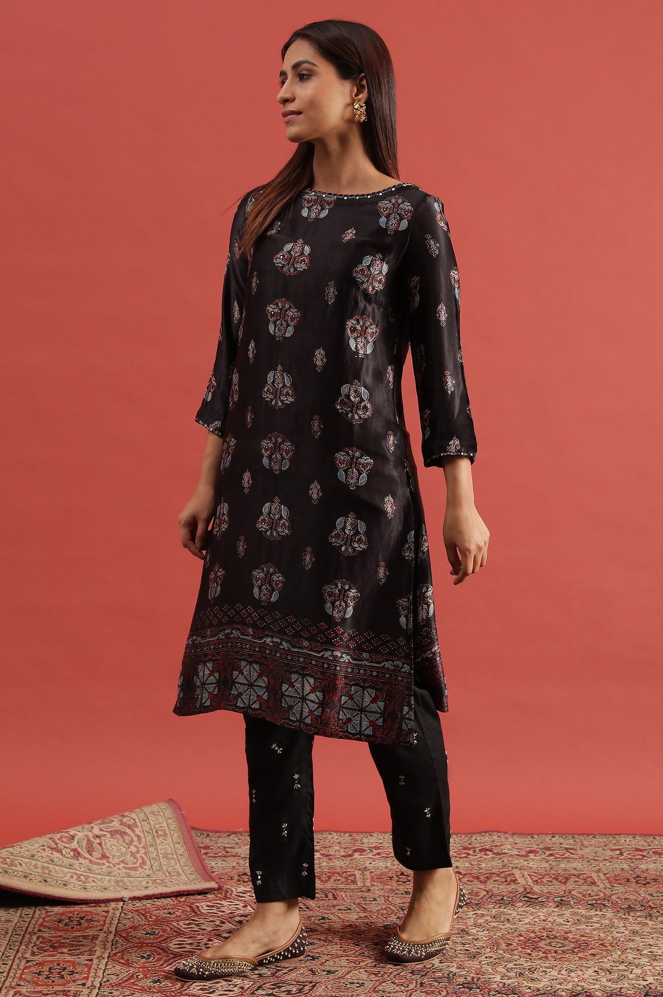 Dark Brown Ajrakh Print Kurta In Modal Satin