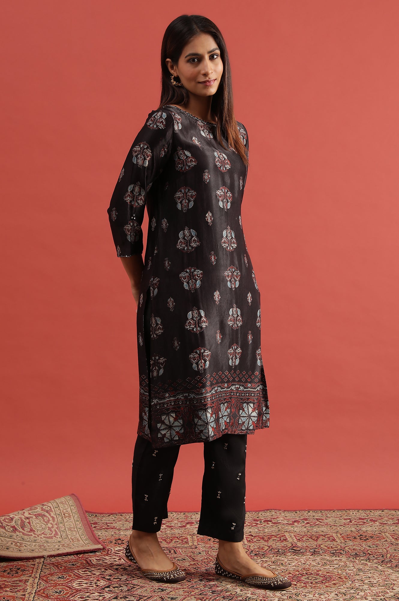 Dark Brown Ajrakh Print Kurta In Modal Satin