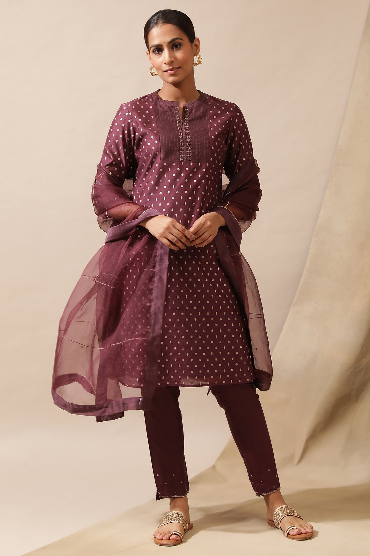 Prune Cotton Silk Jacquard Kurta - XS