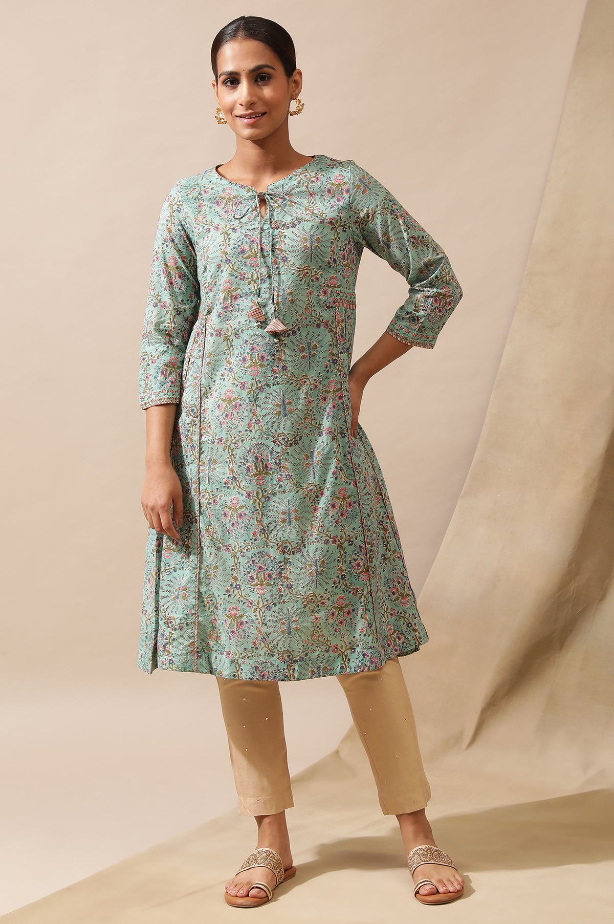 Green Flared Hand Block Print Kurta - XS