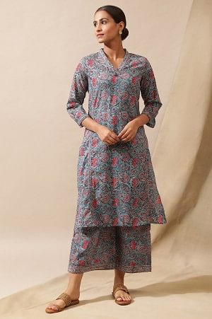 Blue Multicolored Floral Hand Block Print Kurta