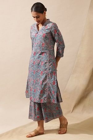 Blue Multicolored Floral Hand Block Print Kurta