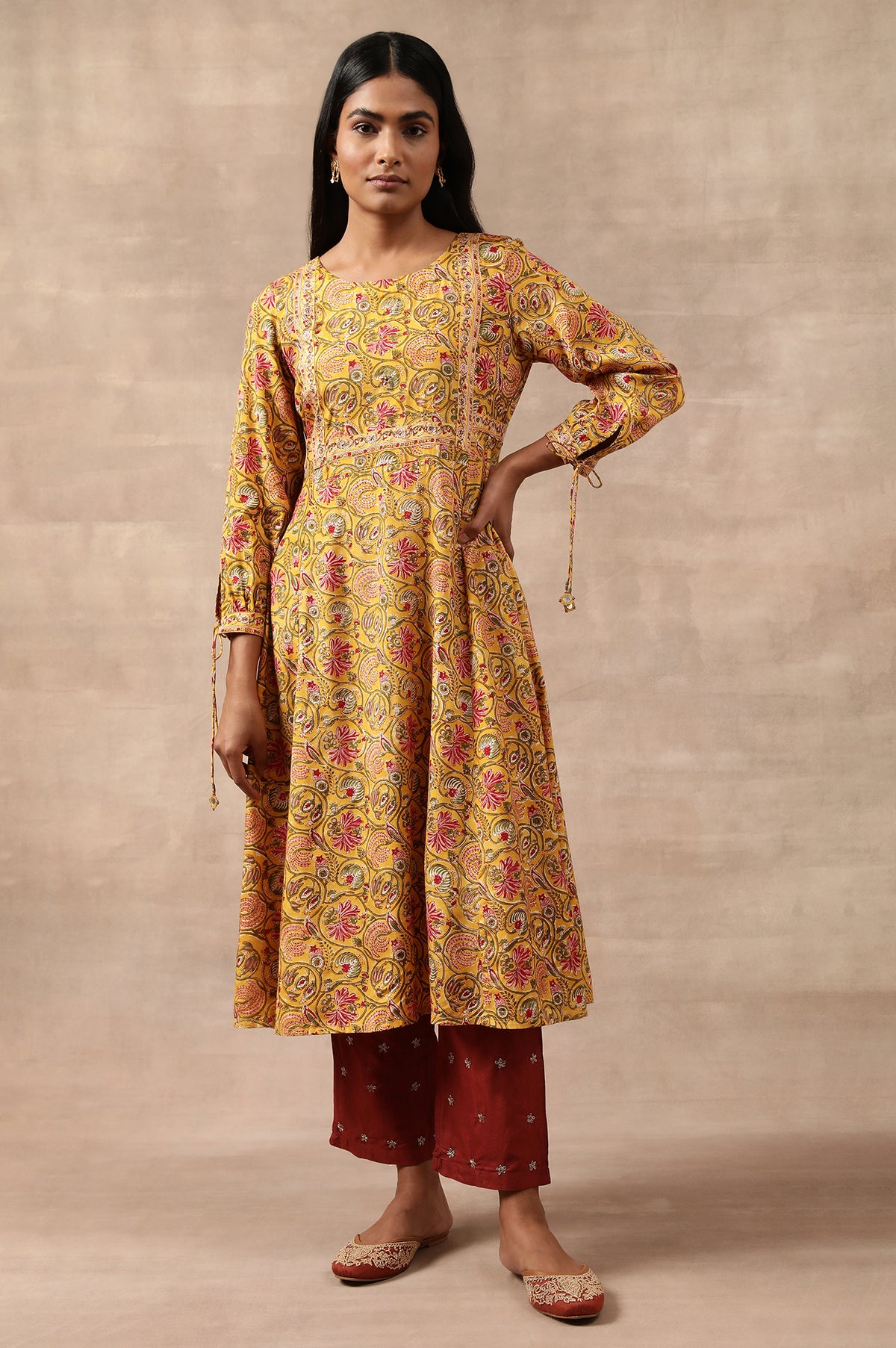Yellow Multicoloured Floral Hand Block Print kurta - XS