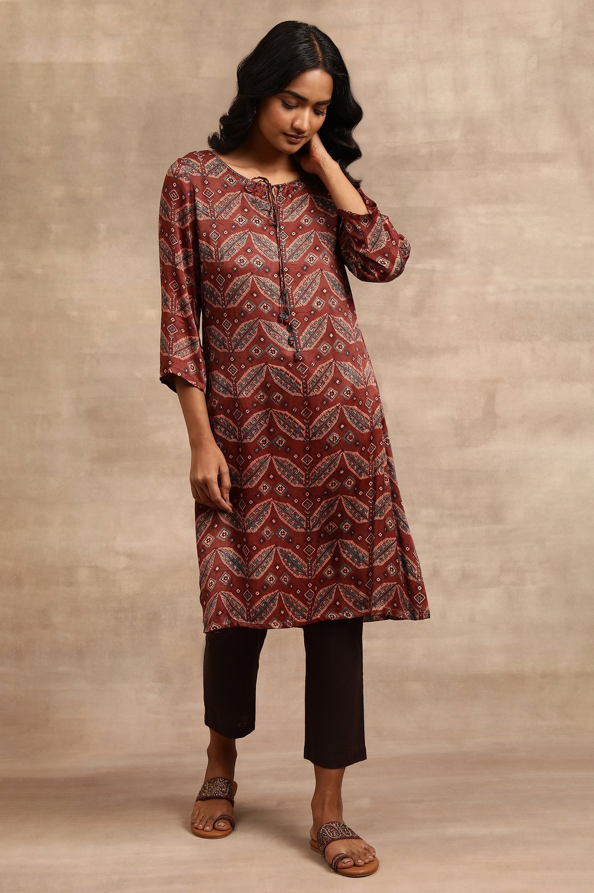 Brick Red Ajrakh kurta In Lustrous Satin - XS