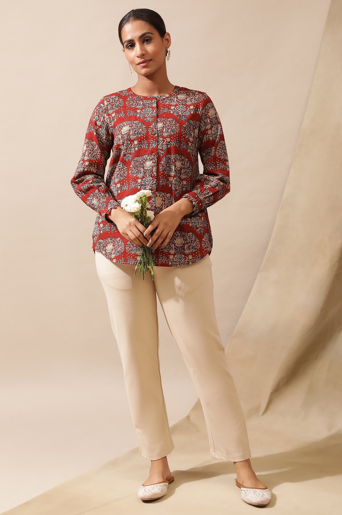 Red Shirt In Hand Block Kalamkari Print - XS