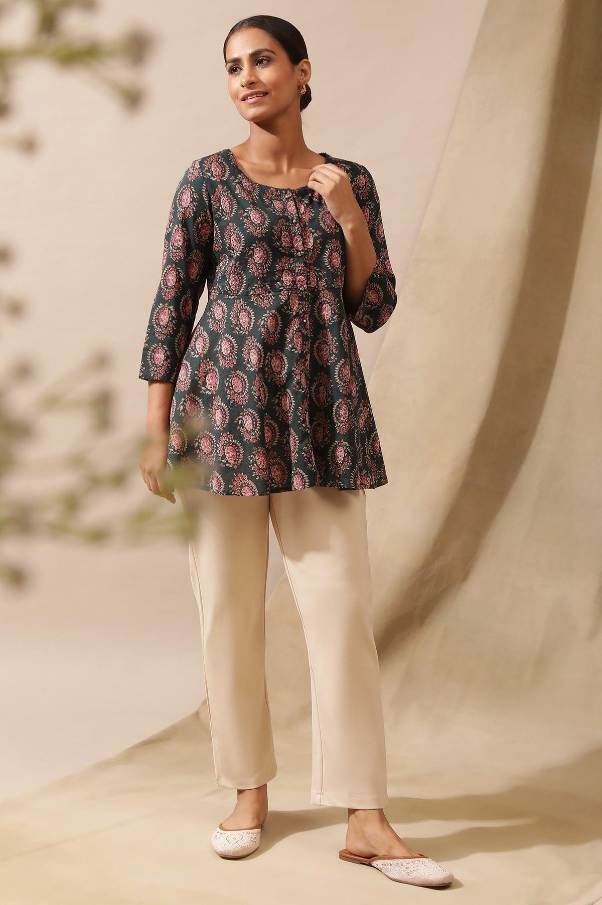 Dark Green Hand Block Print Circular Hem Top - XS