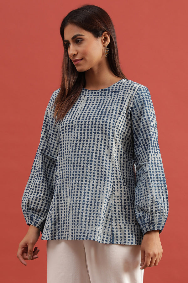 Light Grey And Indigo Dabu Printed Top