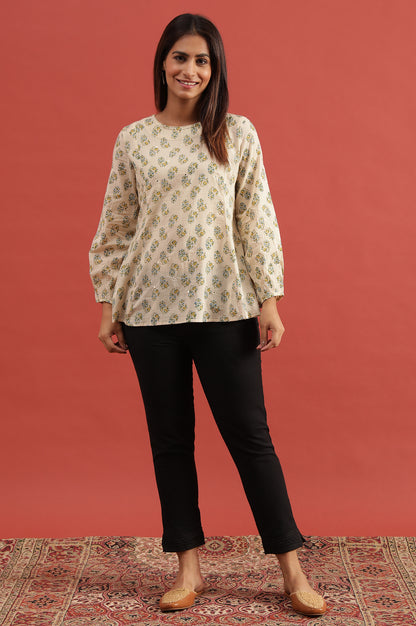 Ecru Hand Block Printed Round Neck Top