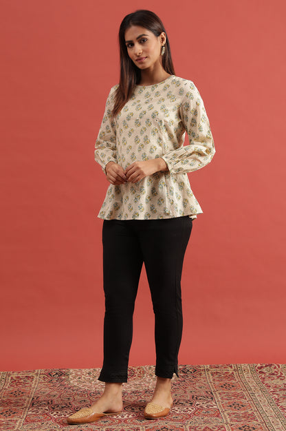 Ecru Hand Block Printed Round Neck Top