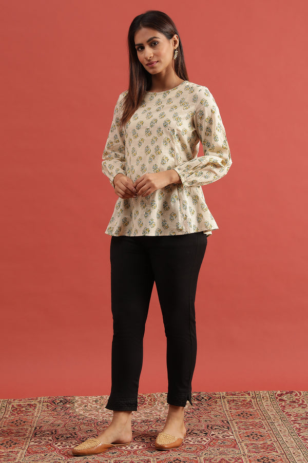 Ecru Hand Block Printed Round Neck Top