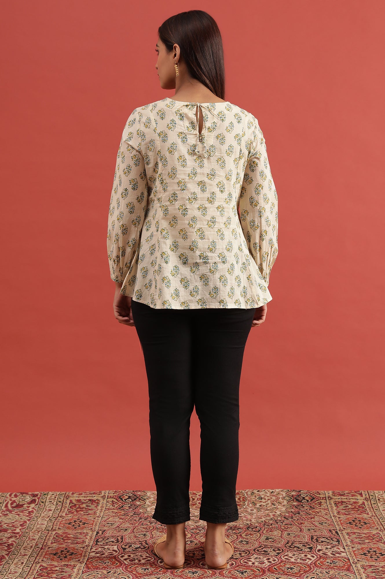 Ecru Hand Block Printed Round Neck Top