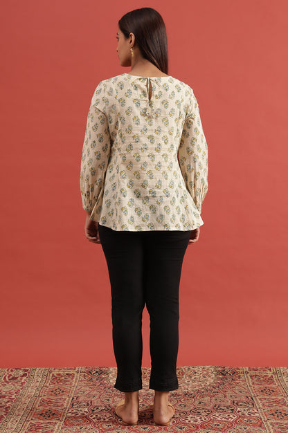 Ecru Hand Block Printed Round Neck Top