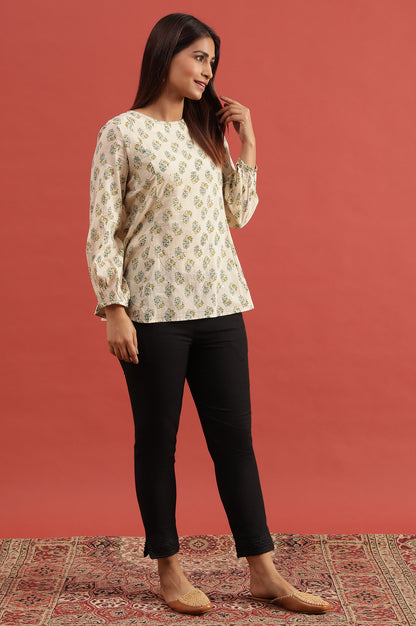 Ecru Hand Block Printed Round Neck Top