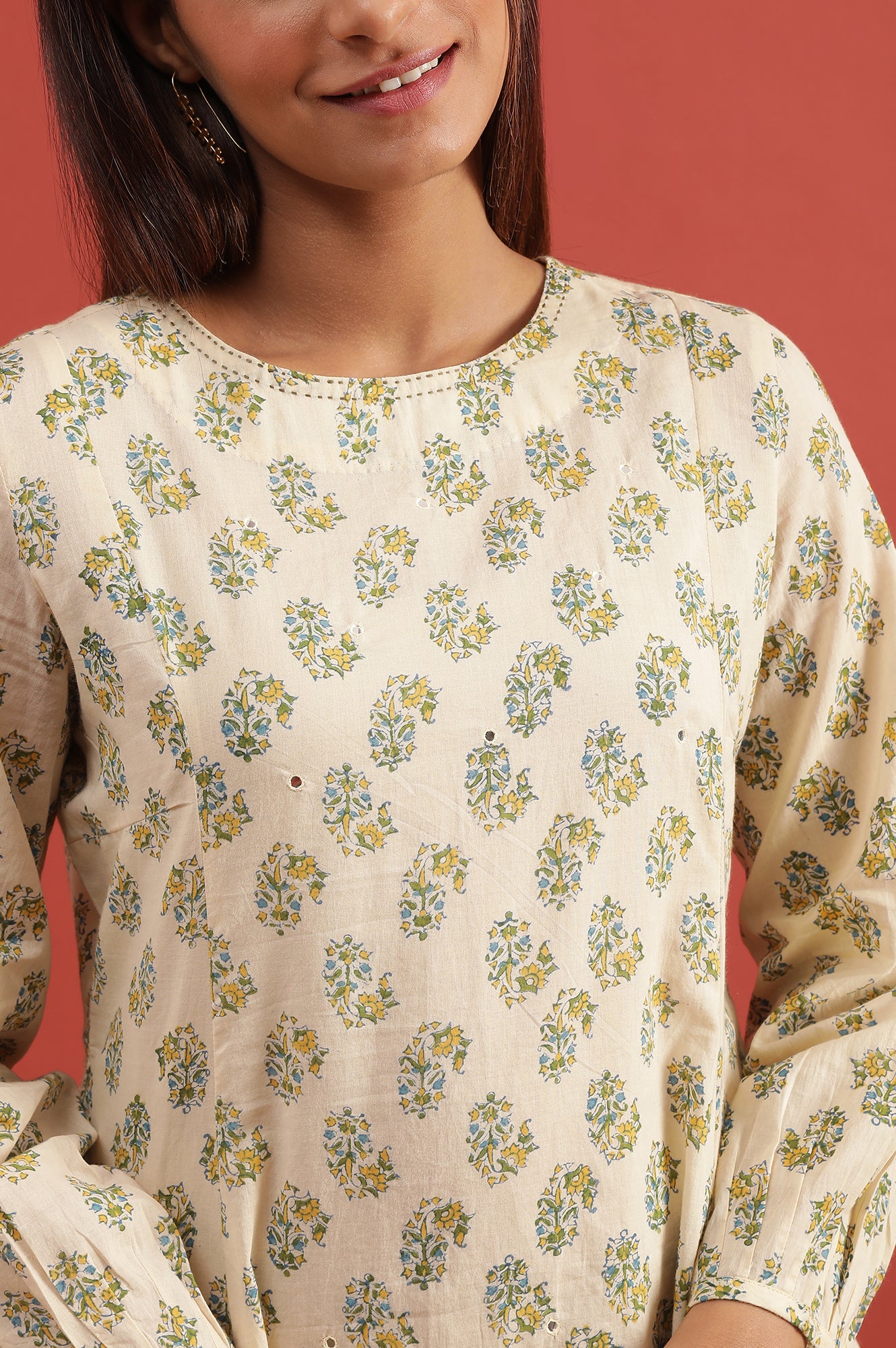 Ecru Hand Block Printed Round Neck Top
