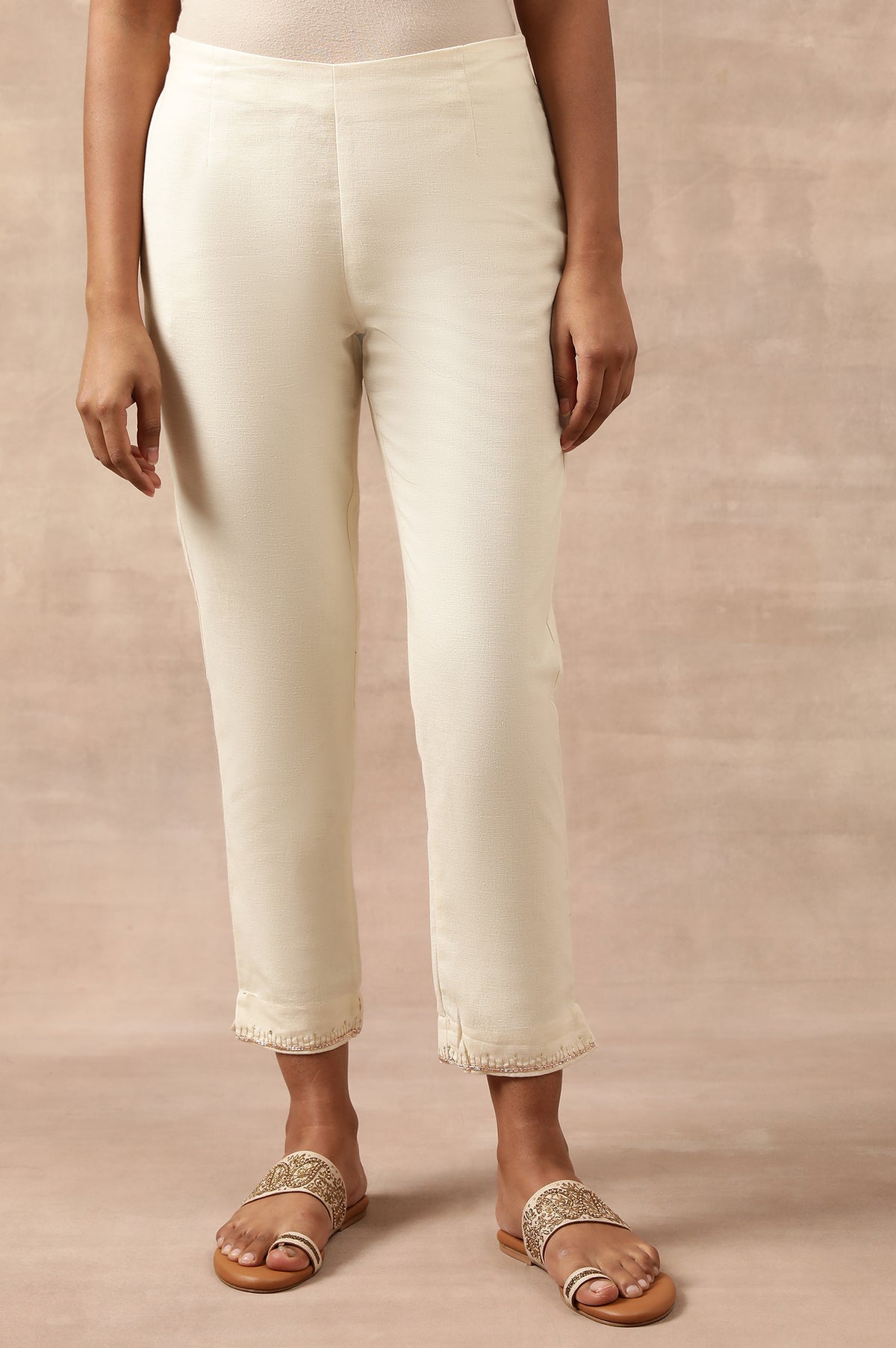 Ecru Solid Slim Pants In Cotton Flax - XS