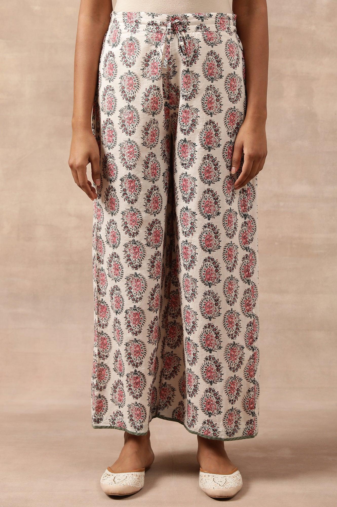 White Hand Block Buti Print Parallel Pants - wforwoman