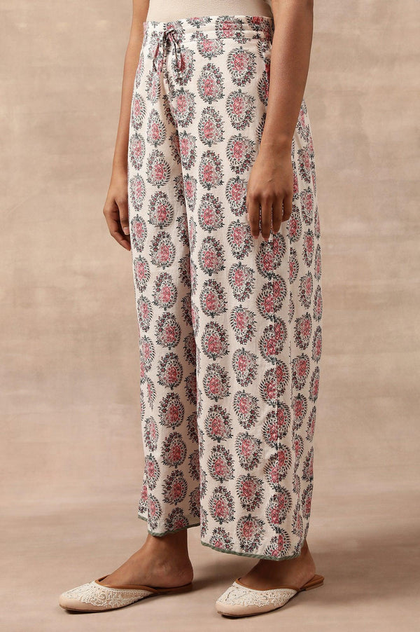 White Hand Block Buti Print Parallel Pants