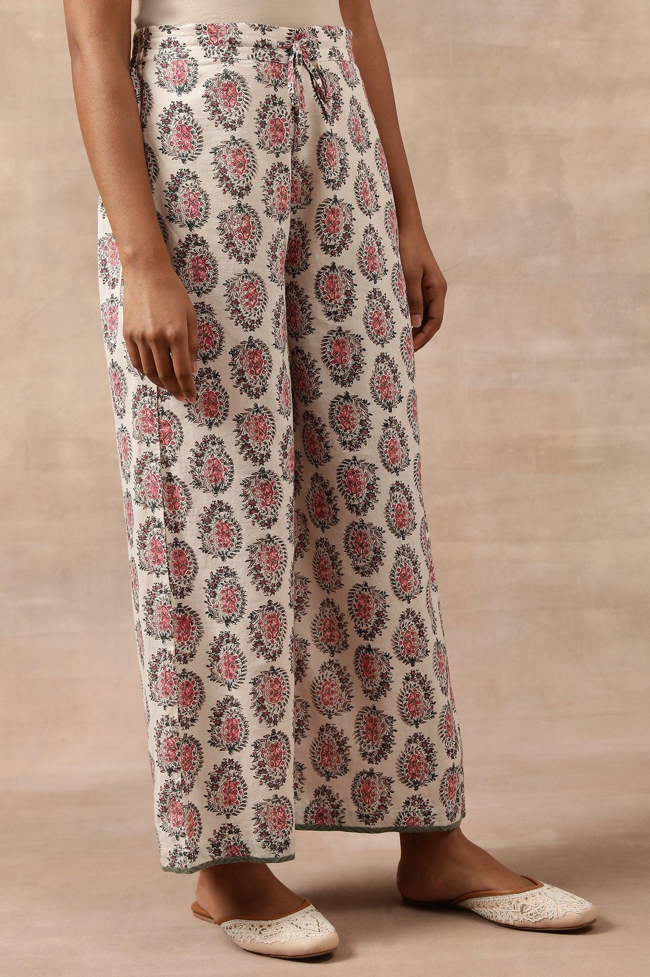 White Hand Block Buti Print Parallel Pants - wforwoman