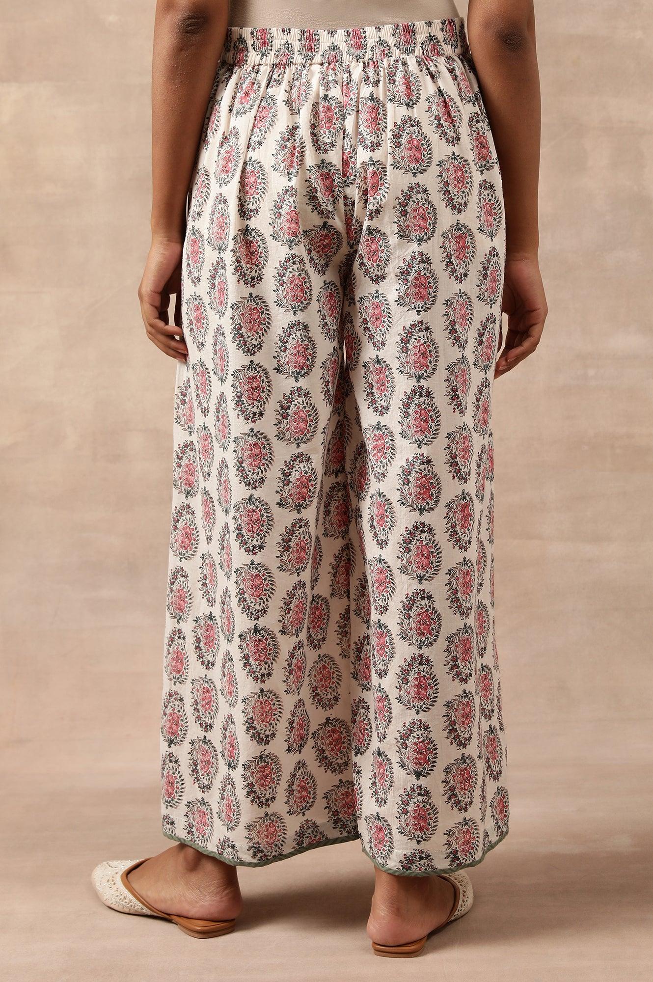 White Hand Block Buti Print Parallel Pants - wforwoman