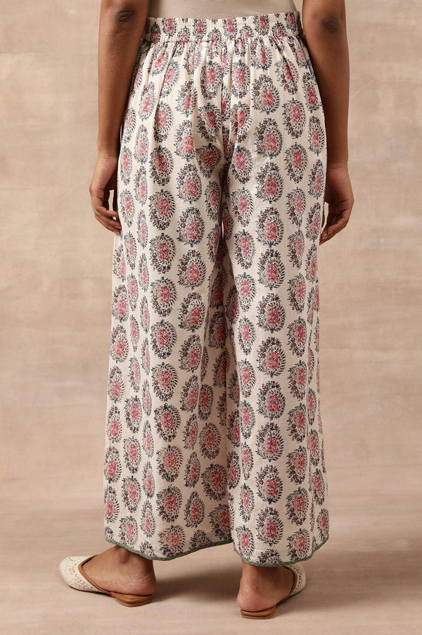 White Hand Block Buti Print Parallel Pants