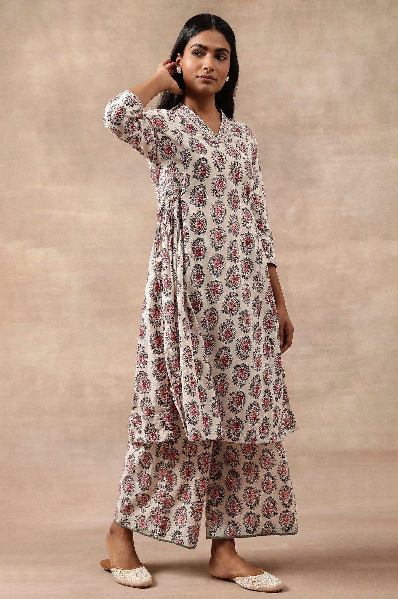 White Hand Block Buti Print Parallel Pants - wforwoman