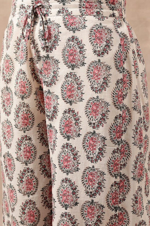 White Hand Block Buti Print Parallel Pants